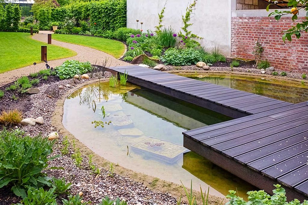 Gartenteich mit Steg, erstellt von der Firma Aussengestaltung Vogt