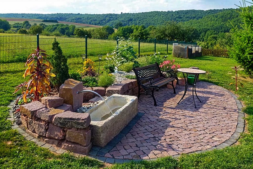 Wasserspiel und Sitzecke im Garten, erstellt von der Firma Aussengestaltung Vogt